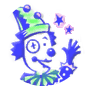 semi creepy cartoony clown, waving at you, hi!